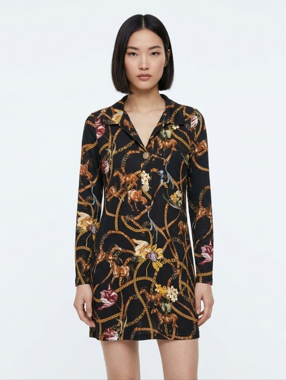 Zara Equestrian Horse Chain Print Shirt Dress Tunic Notch Collar Black Gold M